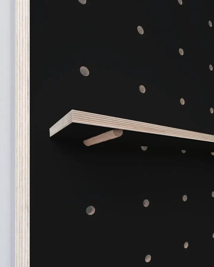 black plywood pegboard shelves with routed channels