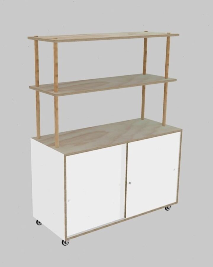 Lockable Counter Retail Display with Floating Shelves in raw plywood