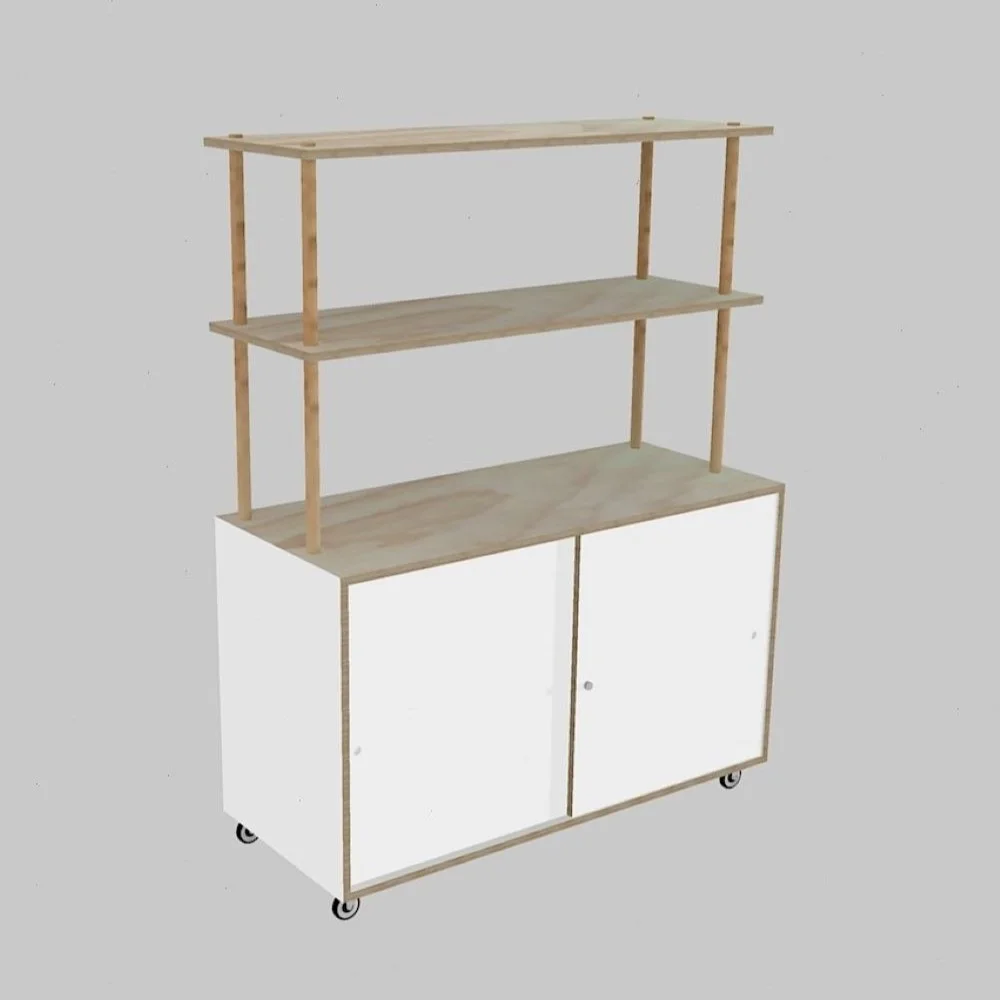 Lockable Counter Retail Display with Floating Shelves in raw plywood