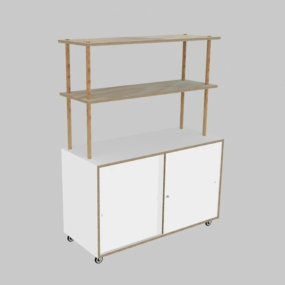 Lockable Counter Retail Display with white melamine tabletop and raw plywood Floating Shelves