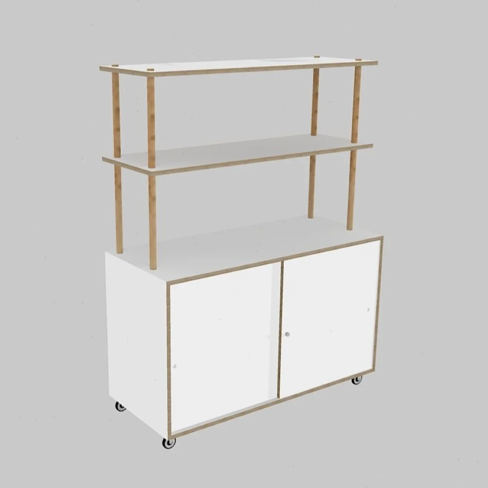 Lockable Counter Retail Display with Floating Shelves in white melamine