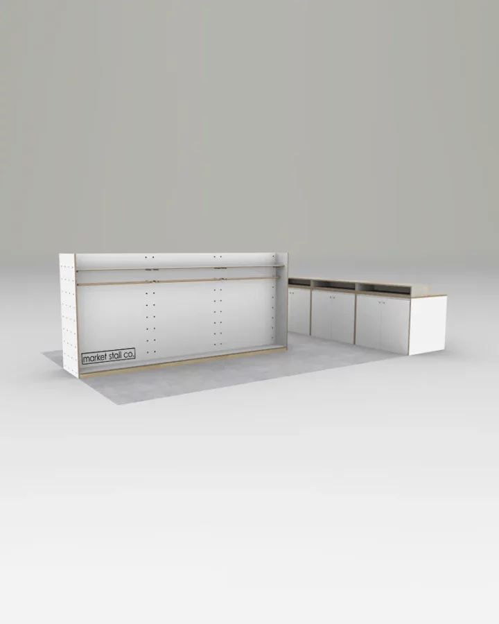 Gondola Island Retail Kiosk in white and plywood no draws no pegboard no kicker