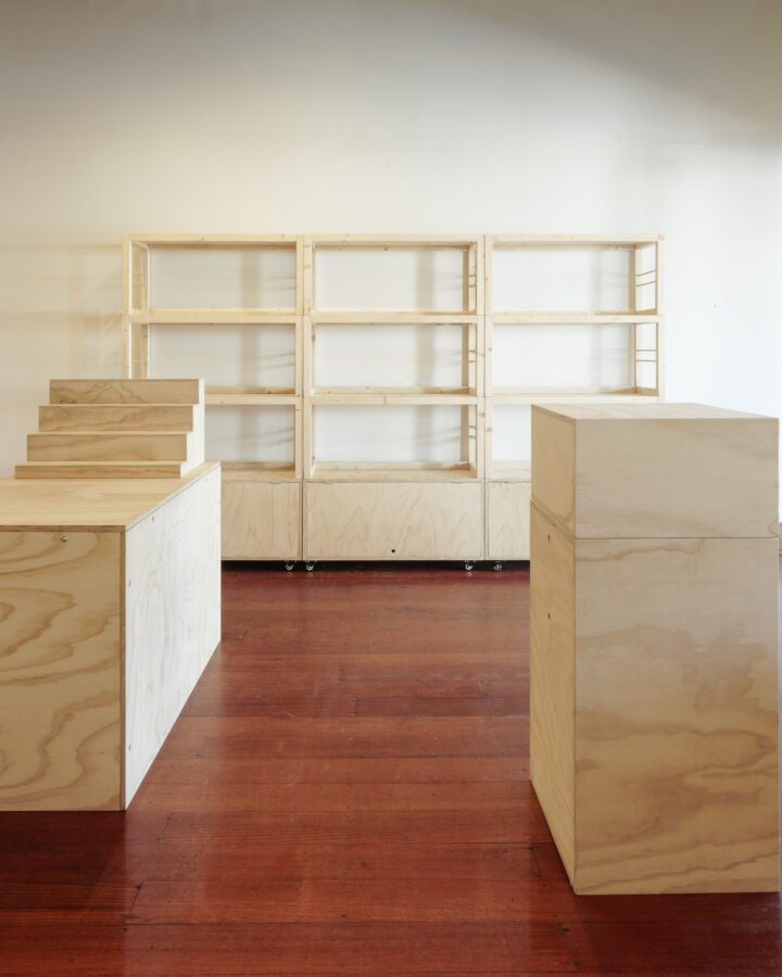 three stacked shelving units, one msc counter, one mini counter, one step shelves