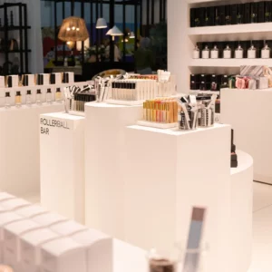 white plinths for sohum at reed gift fair tradeshow 2024