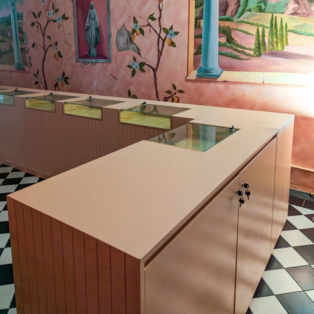 Create your perfect counter 3 lucky belle charms custom pos counter with glass cabinet