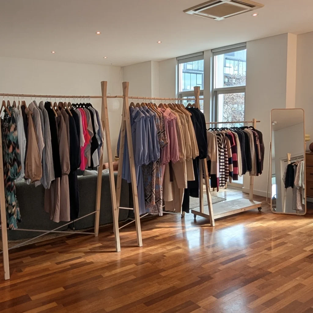 the hunted co using the hanging a-frame clothing rack, rolling rack and mirror as their display solutions their display solutions for a tradeshow in melbourne