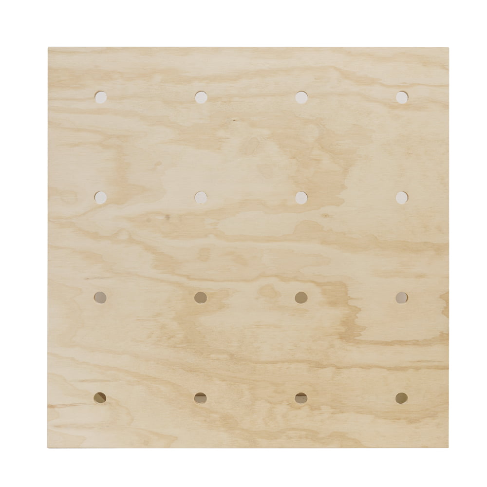 Raw plywood pegboard with 19mm holes @ 150mm spacing