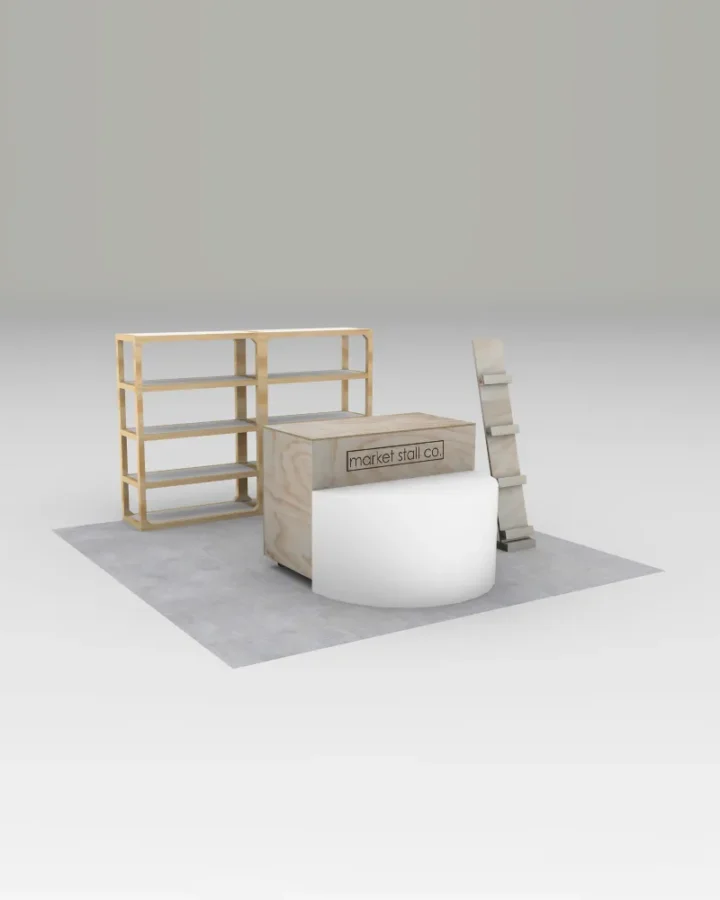 Retail and Service Display Kiosk - two freestnding shelving units, a cabinet style counter, an A4 document stand and two quarter circle plinths
