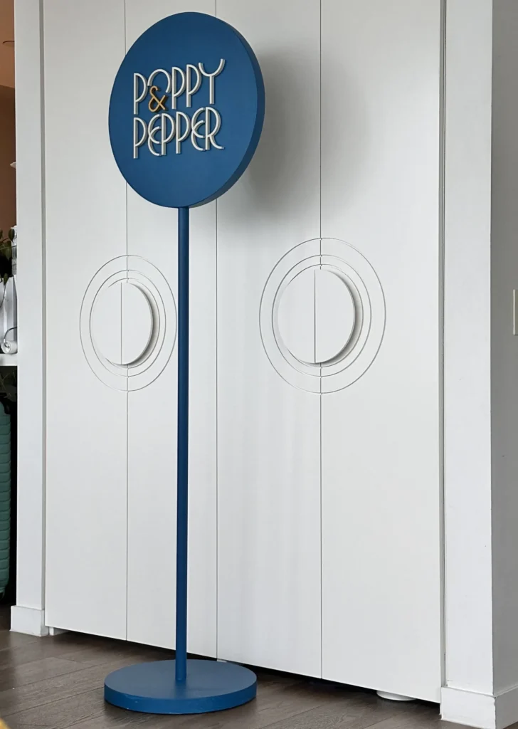 essential display furniture - Custom painted blue lollipop sign with raised acrylic lettering