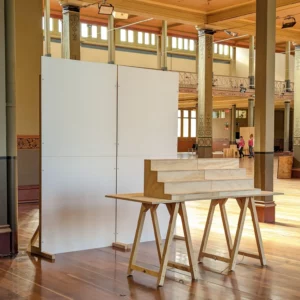 Finders Keepers white freeestanding walls, trestle table and step shelves