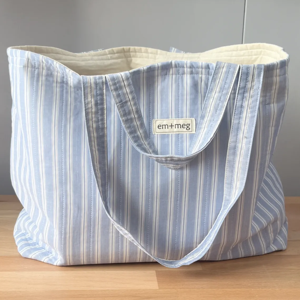 em and meg Large Blue White Double Stripe Tote