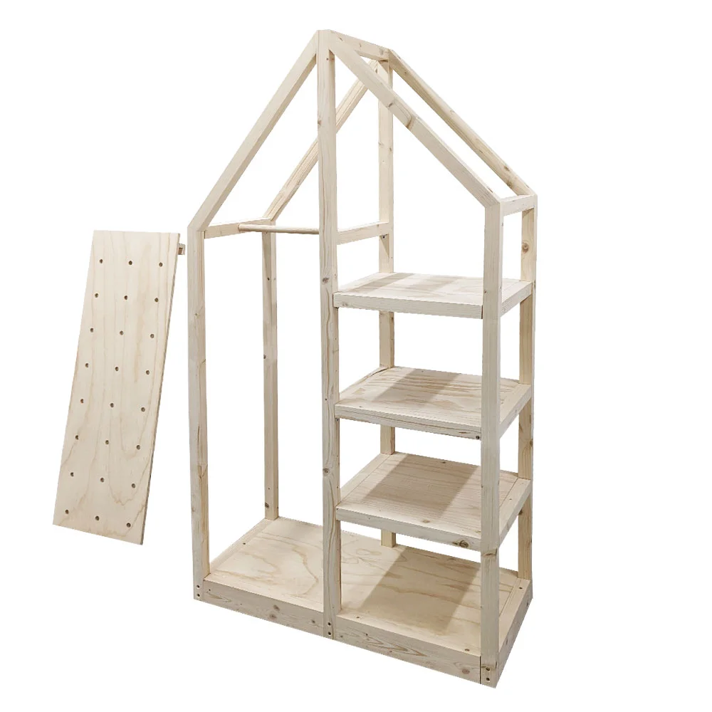 house style shelving unit with pegboard