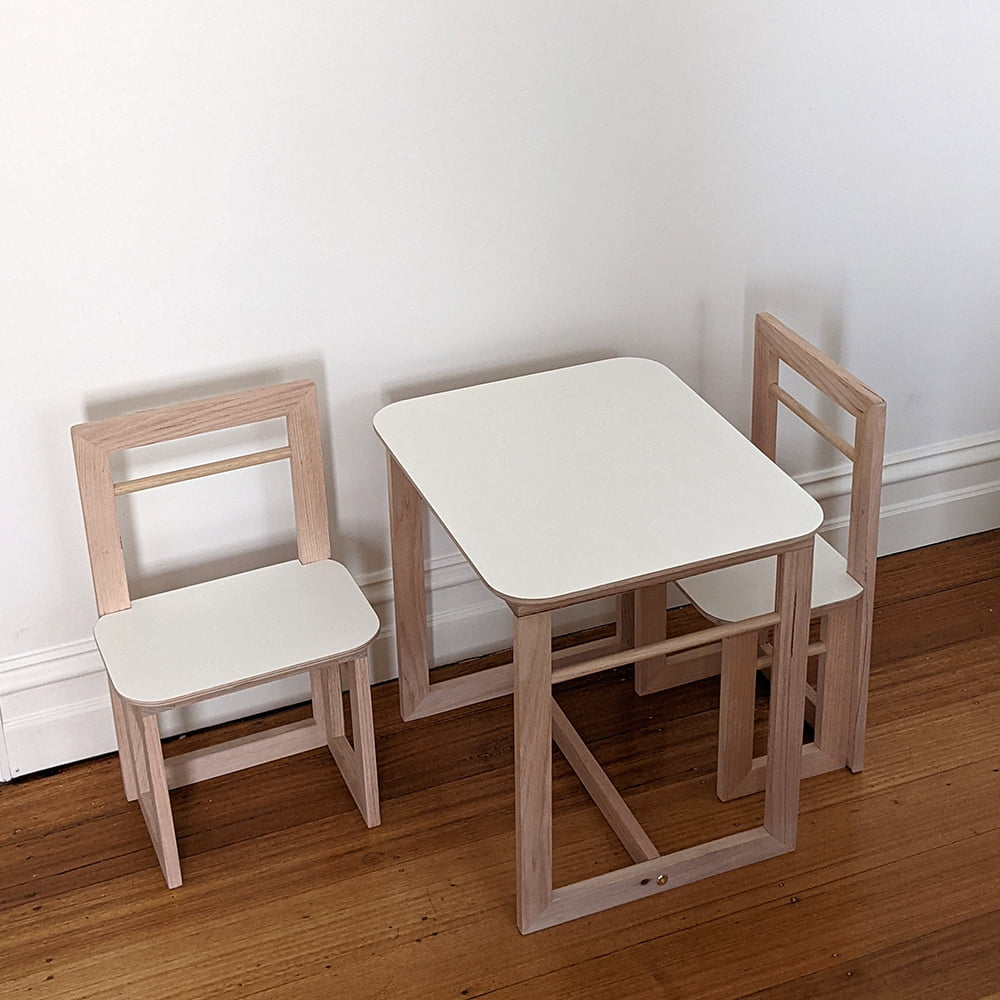 white dual two seat kids table and chairs set by market stall co