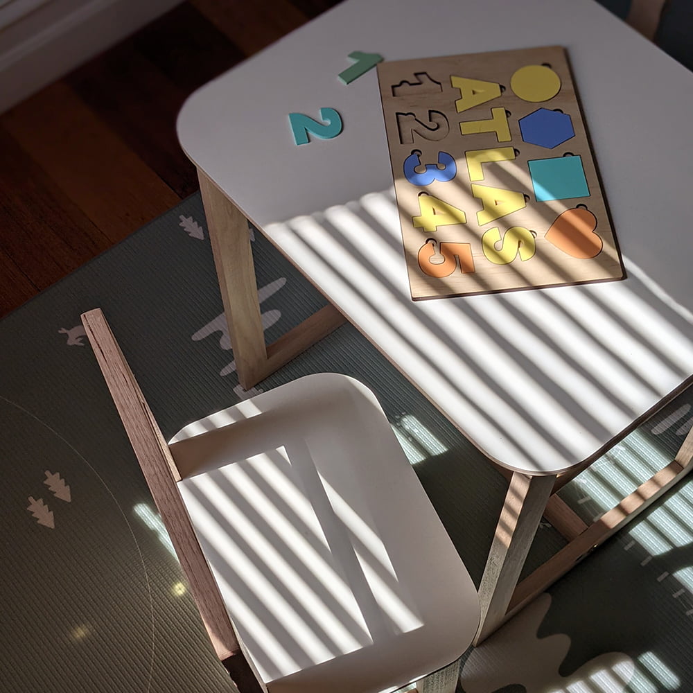 white dual two seat kids table and chairs set by market stall co