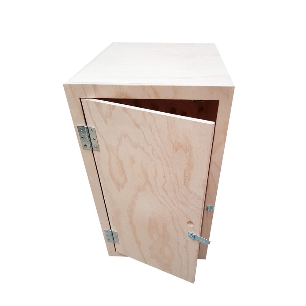 lockable plywood storage box front open