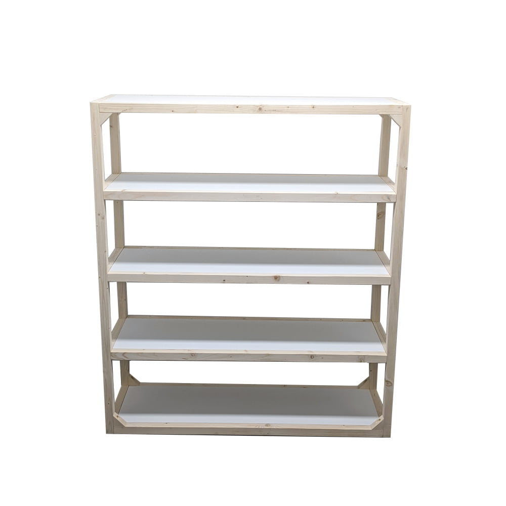 freestanding shelving unit with white shelves