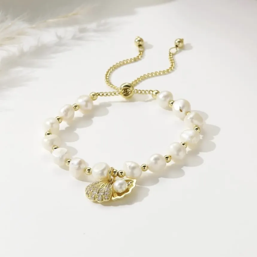 zilvia jewellery Freshwater Pearls with Double Shell Charms – Ocean Bloom Bracelet